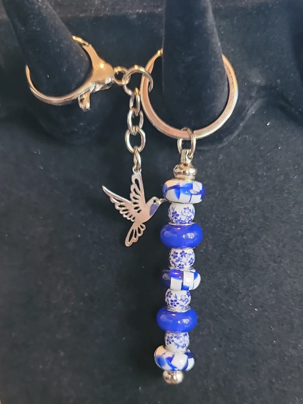 Blue & White Beaded Drop Keychain with Hummingbird Charm